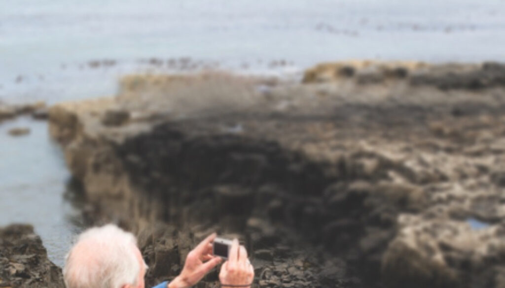 A senior couple sit on a blanket at the top of a hill looking over their family who are playing on the rocks by the sea below them. They are taking pictures of the horizon on a small camera.