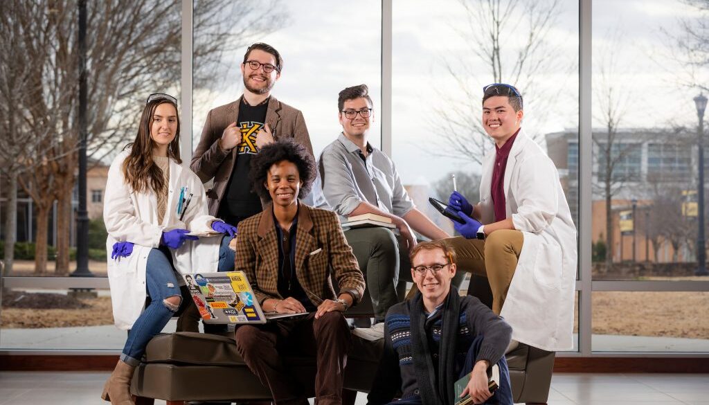 This photoshoot for KSU magazine features students that are presenting at the 2019 NCUR conference. This group photoshoot took place in the Bagwell education building.