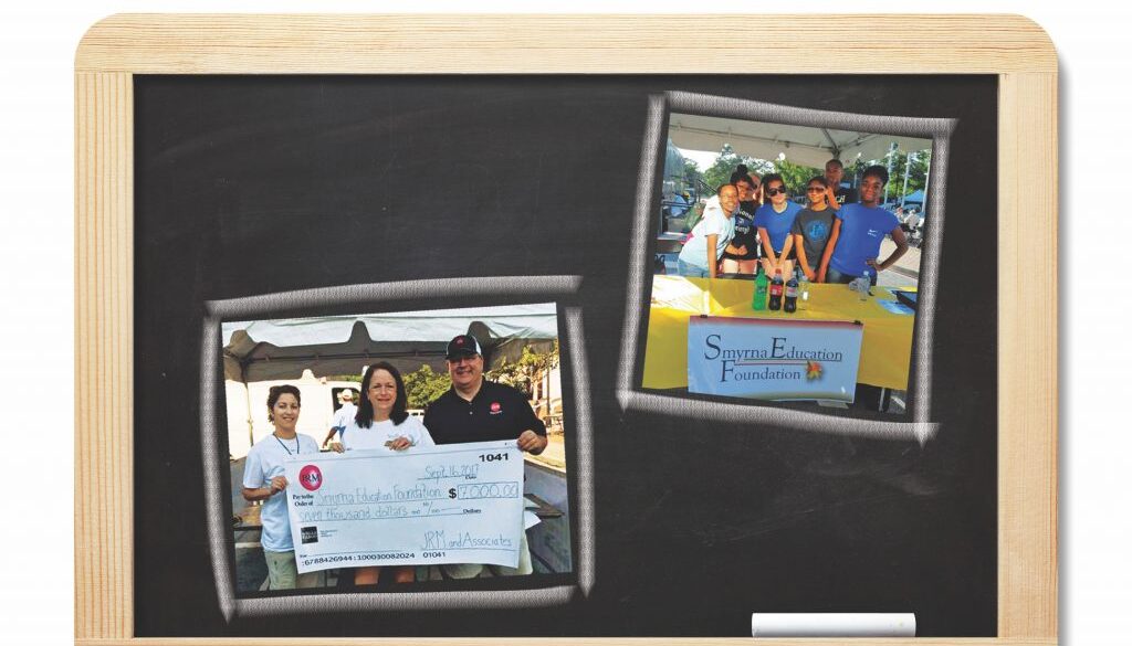 Blackboard with inset images of Smyrna Education Foundation events.