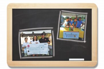 Blackboard with inset images of Smyrna Education Foundation events.