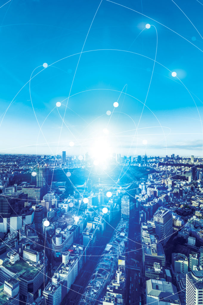 Comcast=Smart Smart city and communication network concept. 5G. LPWA (Low Power Wide Area). Wireless communication.