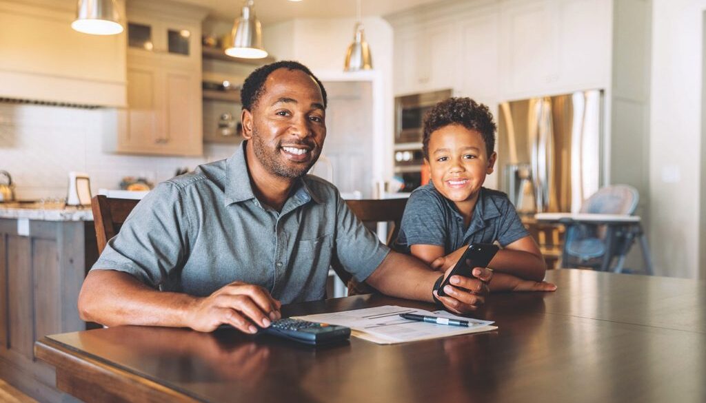 A middle-aged man sits at his dining room table with his young son teaching him about home finances. He is working from home and telecommuting.