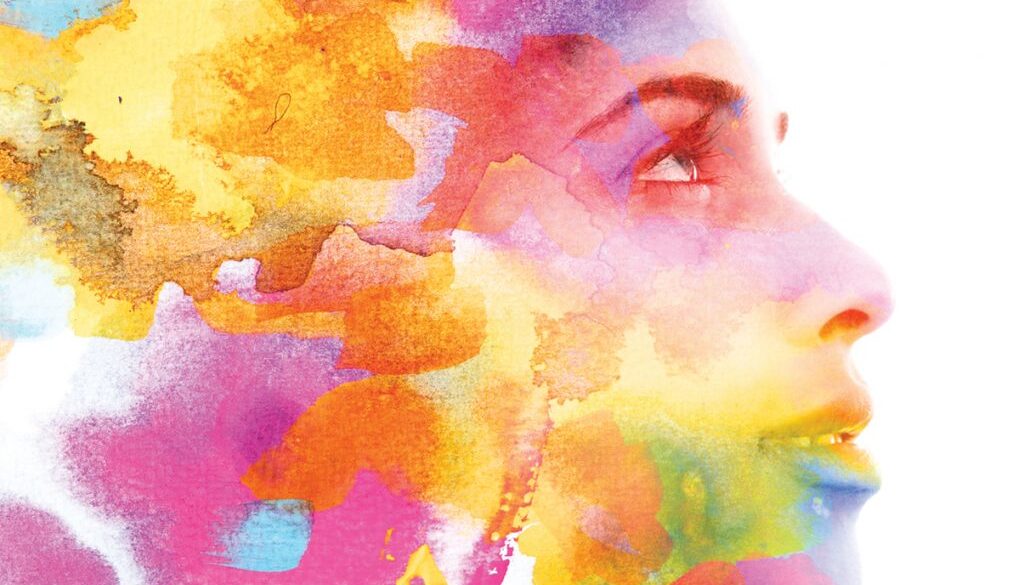 Paintography. Double exposure. Profile portrait photograph blends with colorful hand made painting on white background