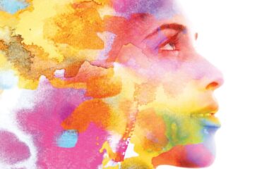 Paintography. Double exposure. Profile portrait photograph blends with colorful hand made painting on white background