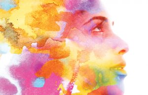 Taking On Trauma Paintography. Double exposure. Profile portrait photograph blends with colorful hand made painting on white background