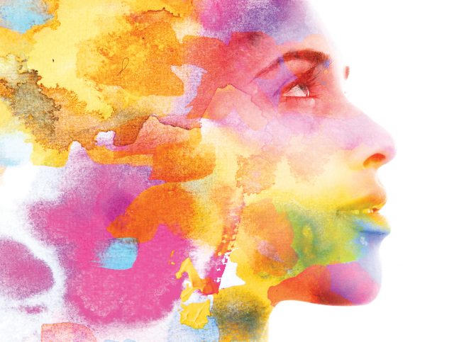 Paintography. Double exposure. Profile portrait photograph blends with colorful hand made painting on white background