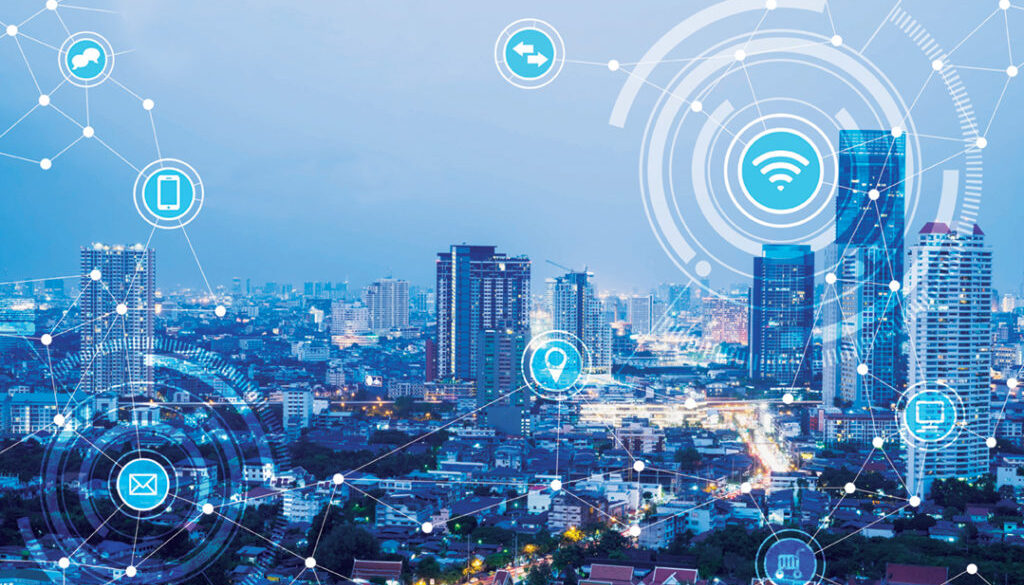 icons of wifi, internet, communication, travel, computer and kinds of technology for smart city conceptual