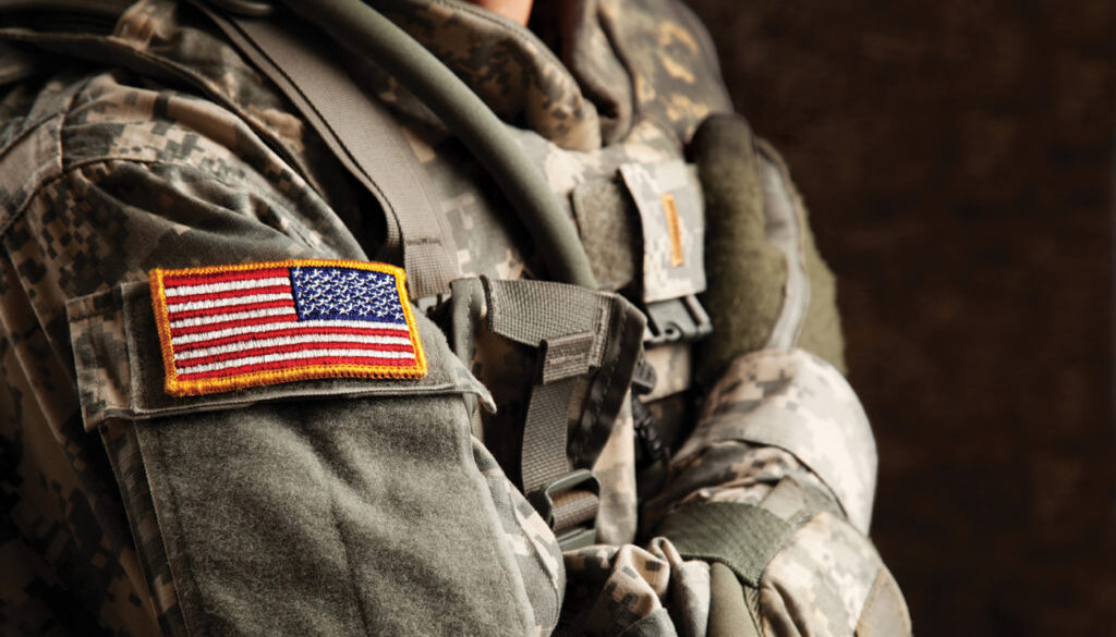 US Army soldier in universal camouflage uniform.