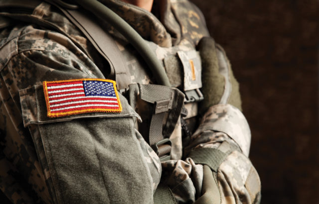 US Army soldier in universal camouflage uniform.