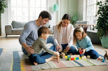 Affectionate caring young parents sitting on floor carpet with little joyful children siblings, playing toys together at home. Happy caucasian family with small kids involved in weekend game indoors.
