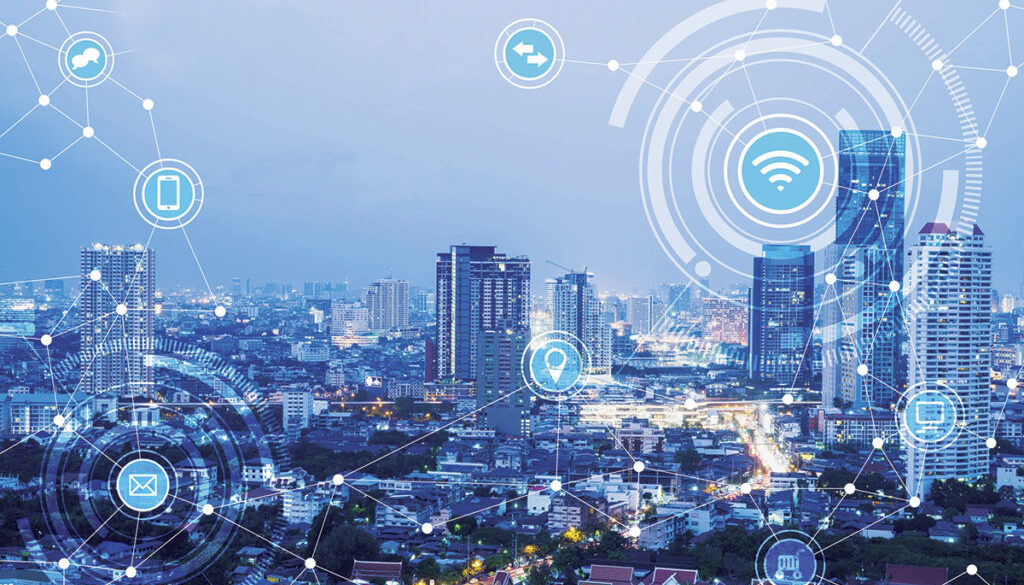 icons of wifi, internet, communication, travel, computer and kinds of technology for smart city conceptual