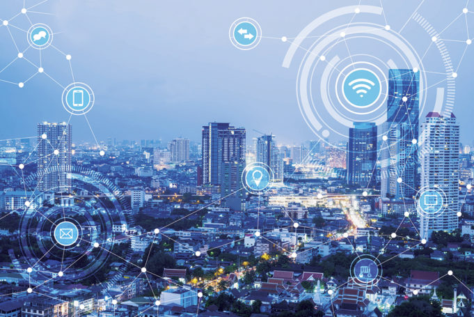 Saving Time And Money icons of wifi, internet, communication, travel, computer and kinds of technology for smart city conceptual