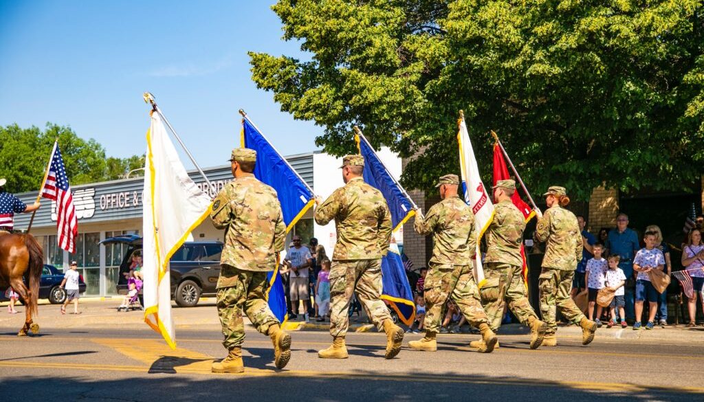 Soldiers marching in a Veteran's Day parade.