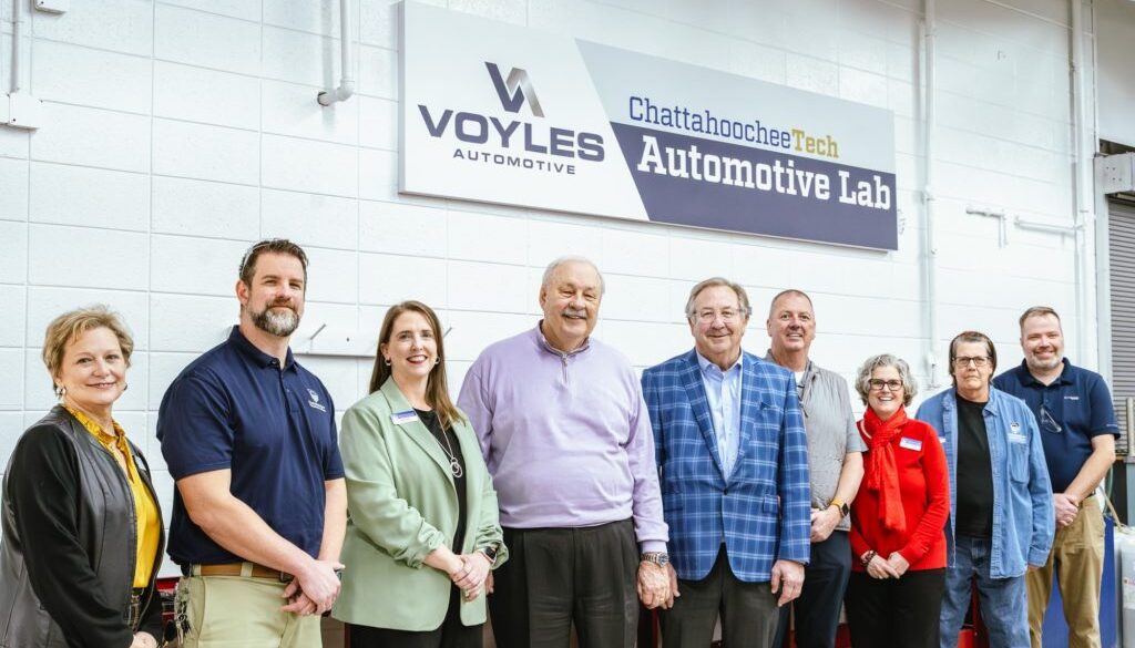 L-R: Jennifer Nelson, Chatt Tech VP for Advancement; Chatt Tech Instructor Taylor Smith; Chatt Tech Interim President Heather Pence; President & COO Bill Brantley of Ed Voyles Automotive Group; Pete Richards, General Manager for Ed Voyles Honda; Richard Wade, Sales Director for Ed Voyles Honda; Chatt Tech Dean of Business and Technical Studies Marcy Smith; Chatt Tech Associate Dean Diane Geis; and Chatt Tech Instructor Brian Purtymun.