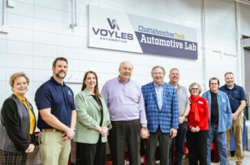 L-R: Jennifer Nelson, Chatt Tech VP for Advancement; Chatt Tech Instructor Taylor Smith; Chatt Tech Interim President Heather Pence; President & COO Bill Brantley of Ed Voyles Automotive Group; Pete Richards, General Manager for Ed Voyles Honda; Richard Wade, Sales Director for Ed Voyles Honda; Chatt Tech Dean of Business and Technical Studies Marcy Smith; Chatt Tech Associate Dean Diane Geis; and Chatt Tech Instructor Brian Purtymun.