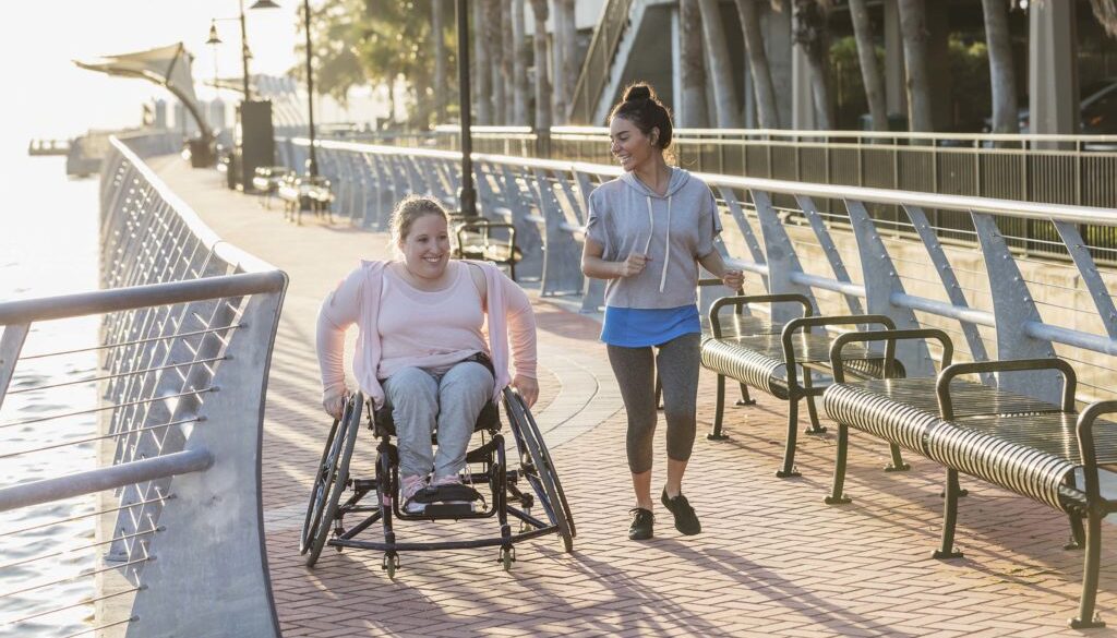 Two friends exercising along a city waterfront. The young woman in the wheelchair has spina bifida. Her friend jogging beside her and talking is a mid adult Hispanic woman in her 30s.