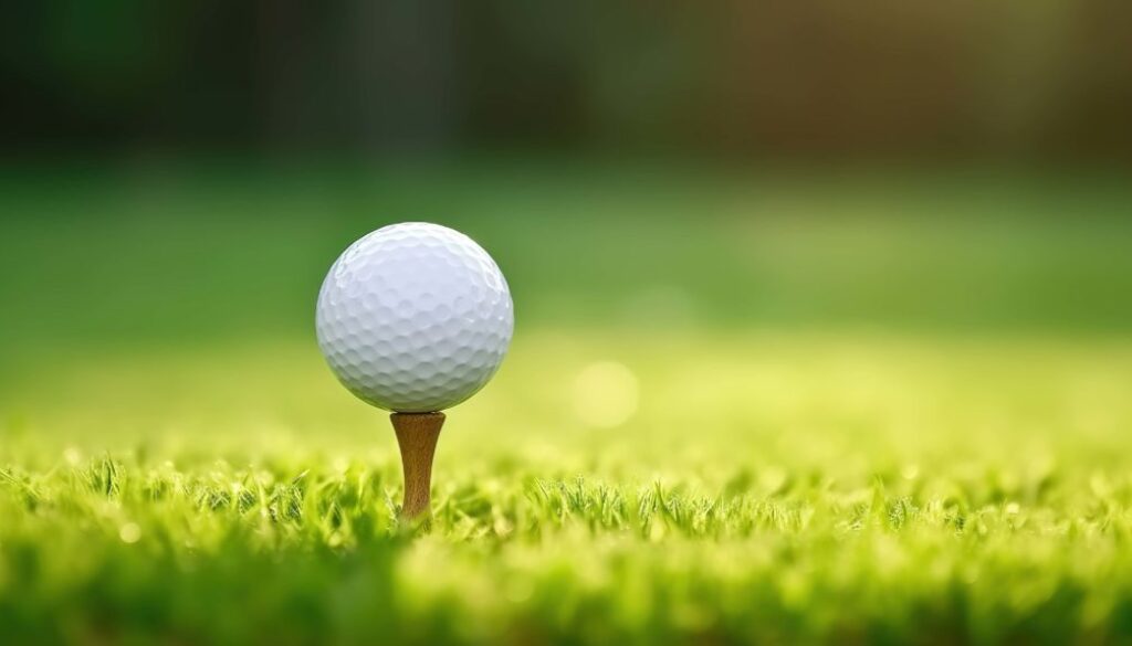 Golf ball on green grass ready to be shot into the hole