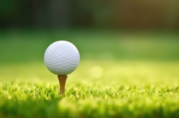 Golf ball on green grass ready to be shot into the hole