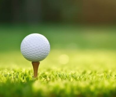 Golf ball on green grass ready to be shot into the hole