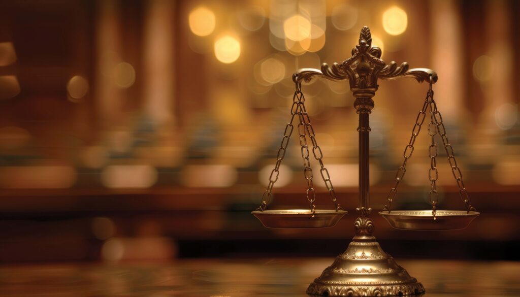 A close-up of golden scales of justice, symbolizing fairness and law, set in a luxurious background.