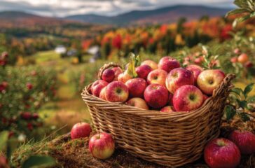 A wicker basket filled with red apples sits among apple trees in an orchard, showcasing vibrant fall colors in the background. The scene captures the essence of autumn harvest time.