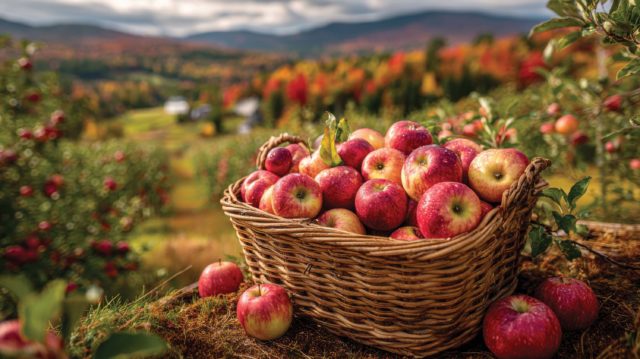 A wicker basket filled with red apples sits among apple trees in an orchard, showcasing vibrant fall colors in the background. The scene captures the essence of autumn harvest time.