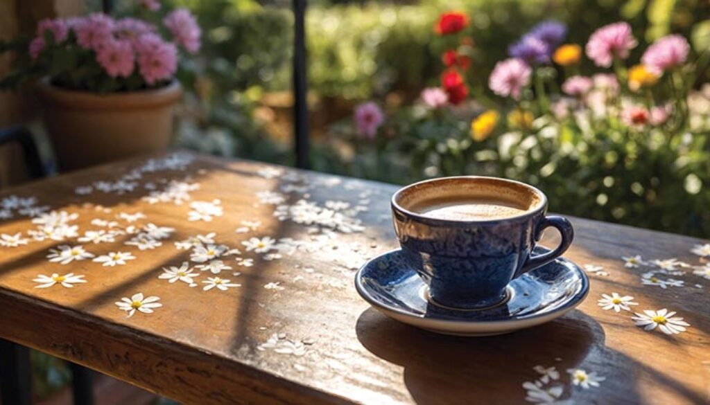 A serene morning scene featuring a coffee cup on a wooden table adorned with flowers, surrounded by a vibrant garden