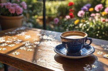 A serene morning scene featuring a coffee cup on a wooden table adorned with flowers, surrounded by a vibrant garden