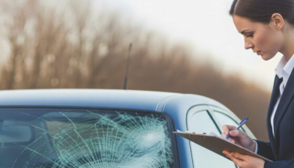 A professional insurance agent evaluates a car's damaged windshield. The agent notes details on a clipboard, likely preparing an accident report. This scene depicts the process of filing an insurance claim for vehicle damage.