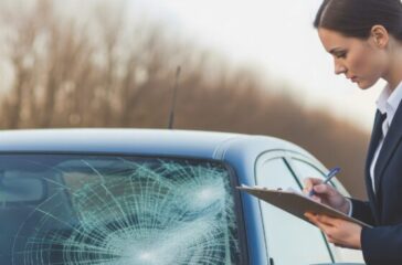 A professional insurance agent evaluates a car's damaged windshield. The agent notes details on a clipboard, likely preparing an accident report. This scene depicts the process of filing an insurance claim for vehicle damage.